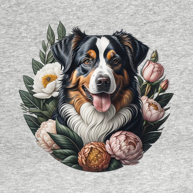 Tricolor Australian Shepherd Framed By Peonies by Pet And Petal